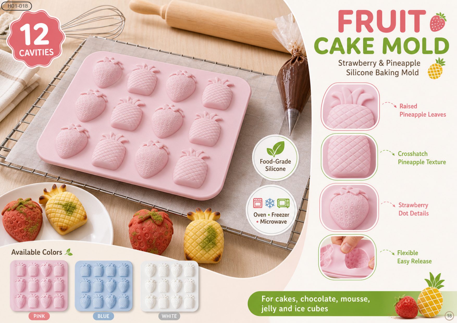 Fruit Cake Mold (Strawberry & Pineapple, 12 Cavities) — H01-018